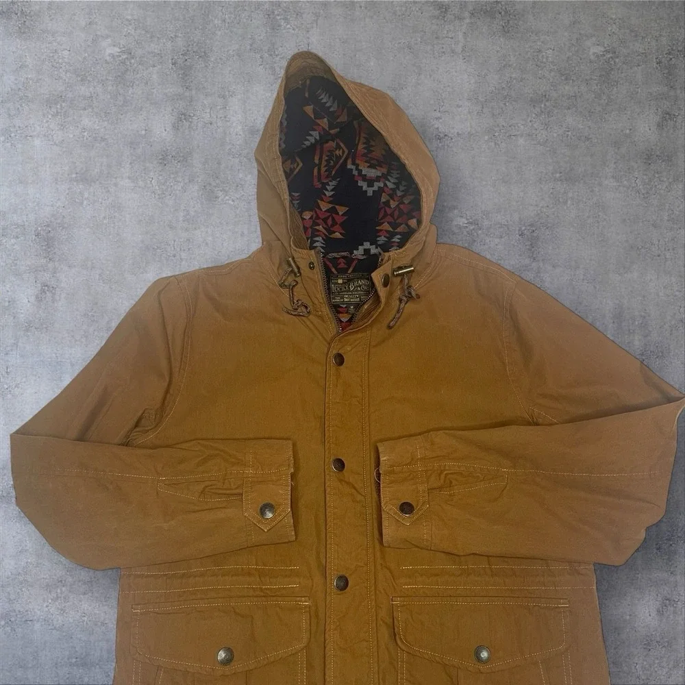 Vtg Lucky Brand Canvas Barn Chore‎ Coat Jacket Mens M Aztec Blanket Lined Hood